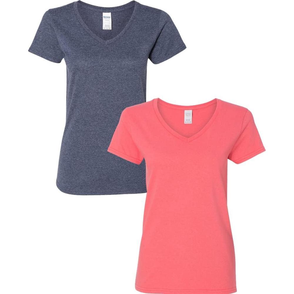 imageGildan Womens Heavy Cotton VNeck TShirt 2PackHeather NavyCoral Silk