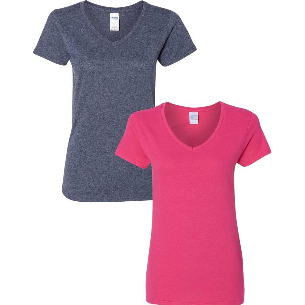 imageGildan Womens Heavy Cotton VNeck TShirt 2PackHeather NavyHeliconia