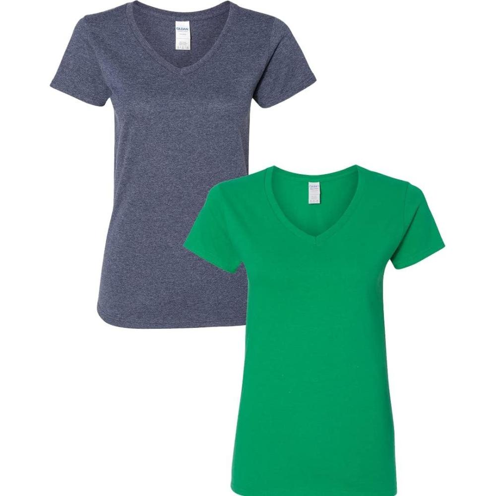 imageGildan Womens Heavy Cotton VNeck TShirt 2PackHeather NavyIrish Green