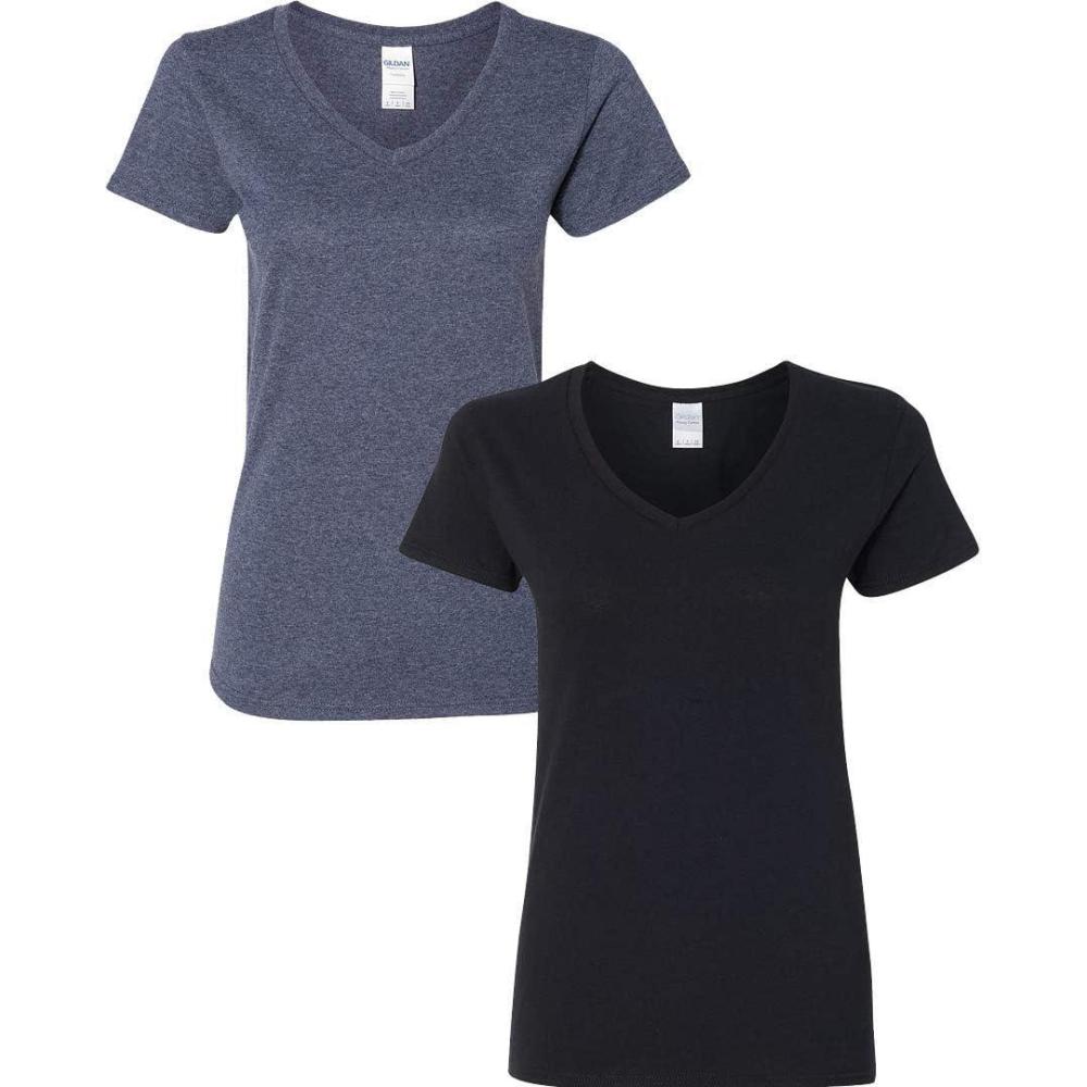 imageGildan Womens Heavy Cotton VNeck TShirt 2PackHeathernavyBlack