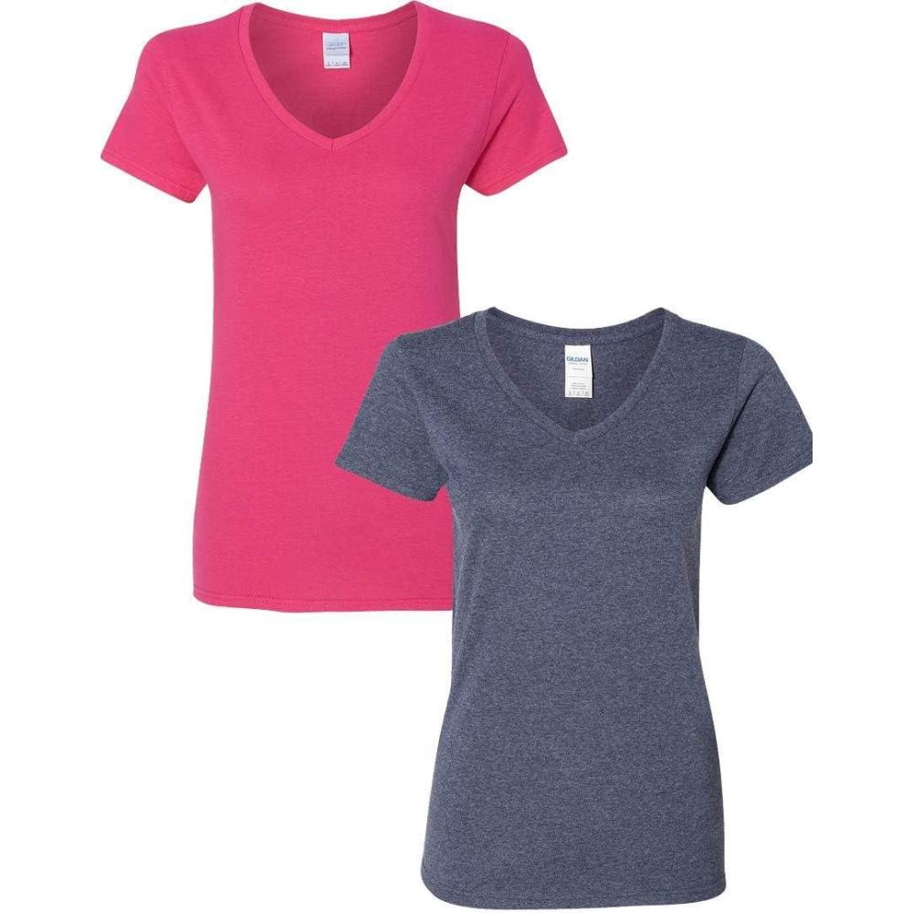 imageGildan Womens Heavy Cotton VNeck TShirt 2PackHeleconiaHeathernavy