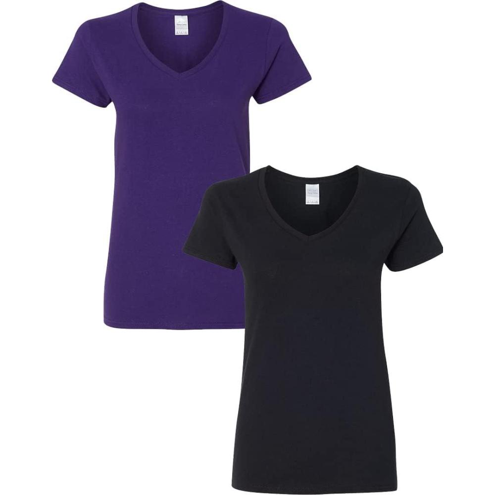 imageGildan Womens Heavy Cotton VNeck TShirt 2PackPurpleBlack