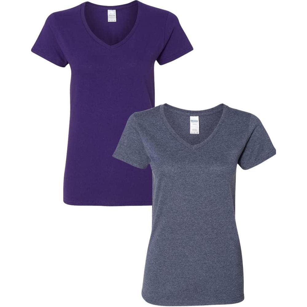 imageGildan Womens Heavy Cotton VNeck TShirt 2PackPurpleHeather Navy