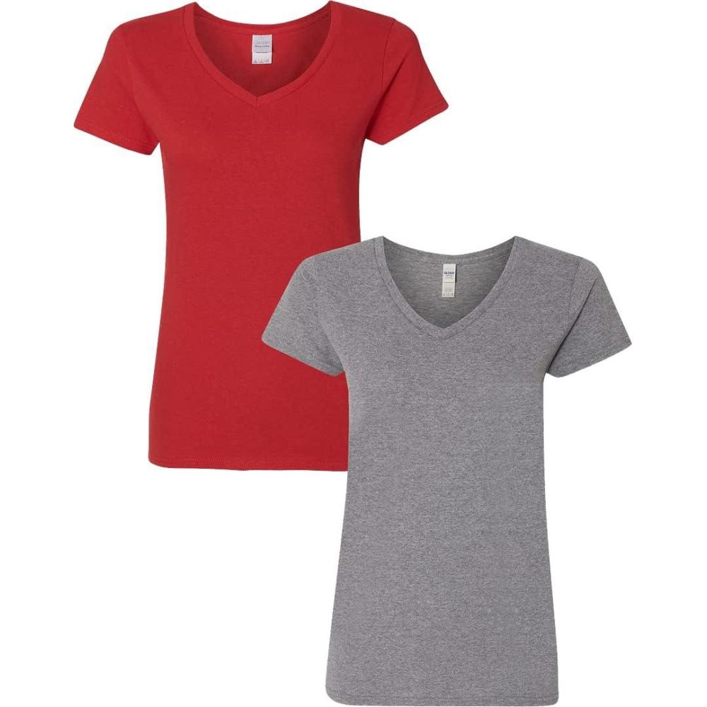imageGildan Womens Heavy Cotton VNeck TShirt 2PackRedGraphite Heather