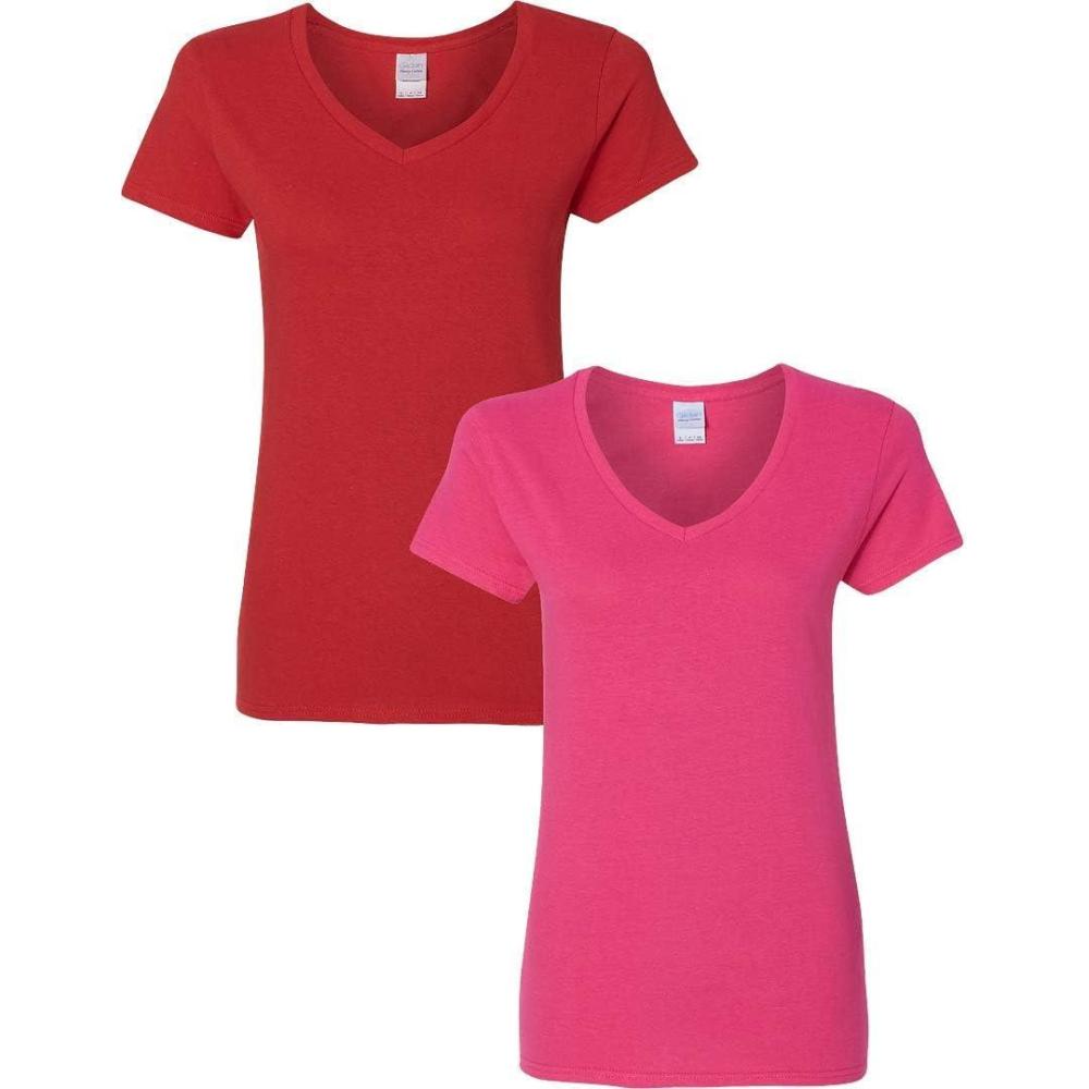 imageGildan Womens Heavy Cotton VNeck TShirt 2PackRedHeleconia