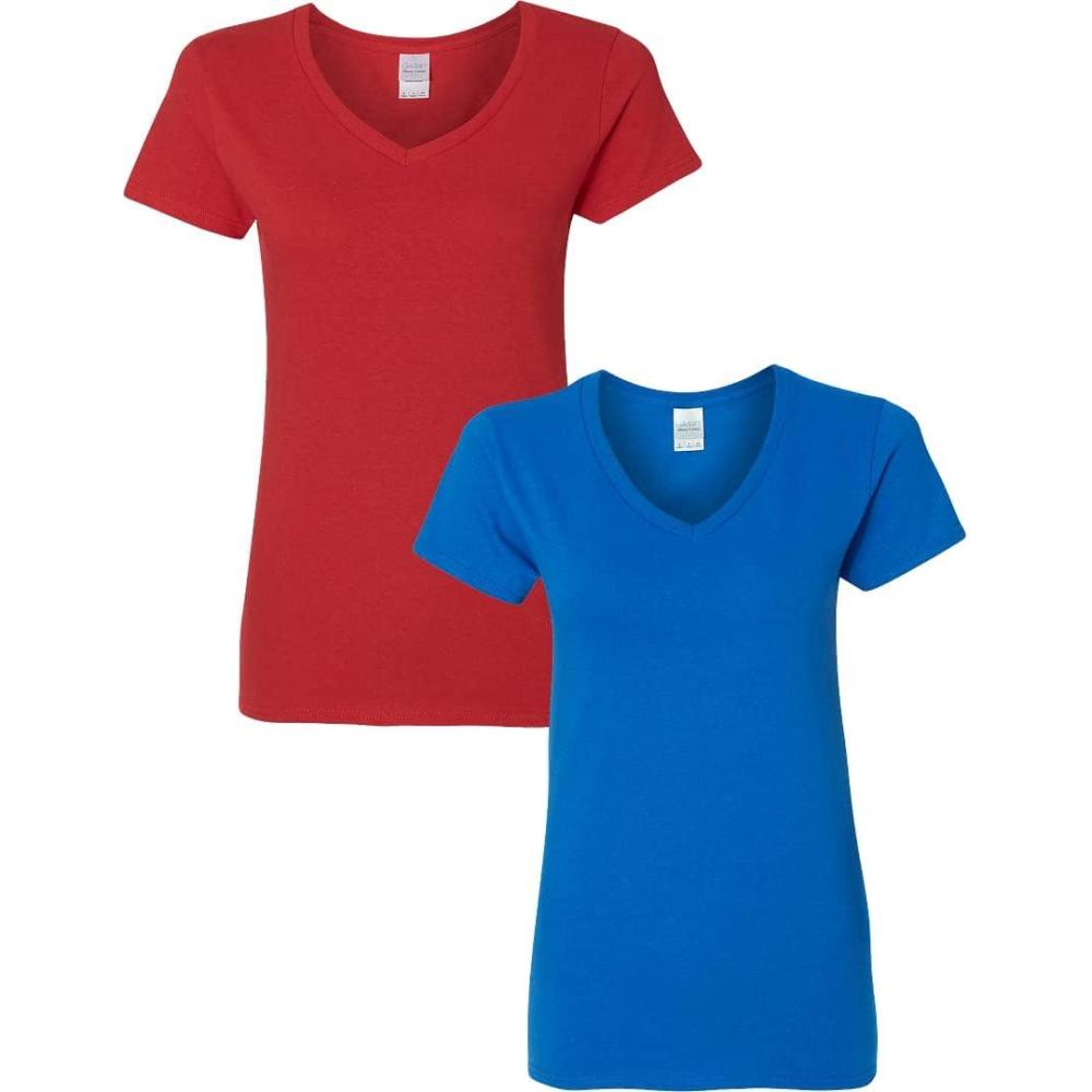 imageGildan Womens Heavy Cotton VNeck TShirt 2PackRedRoyal