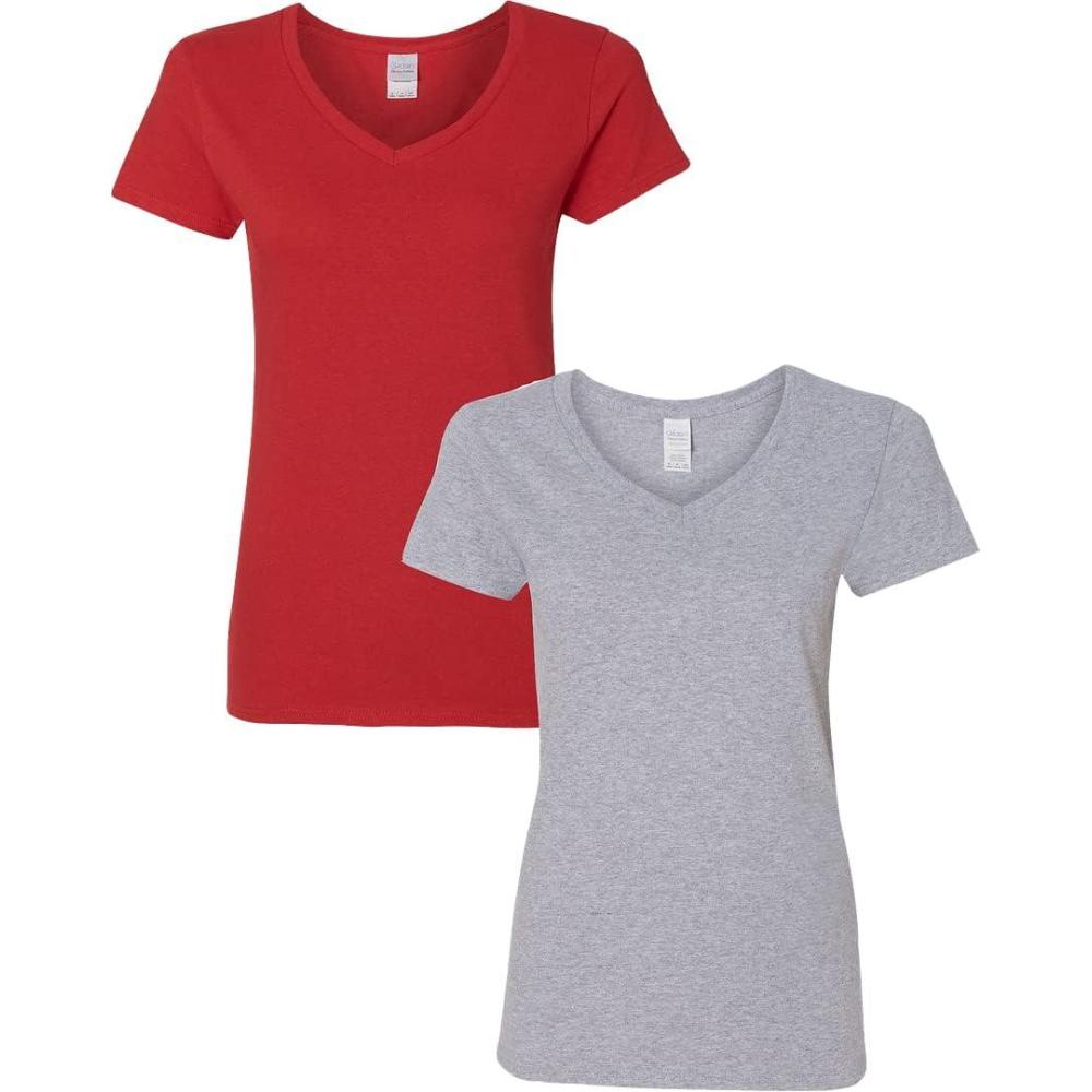 imageGildan Womens Heavy Cotton VNeck TShirt 2PackRedSport Grey
