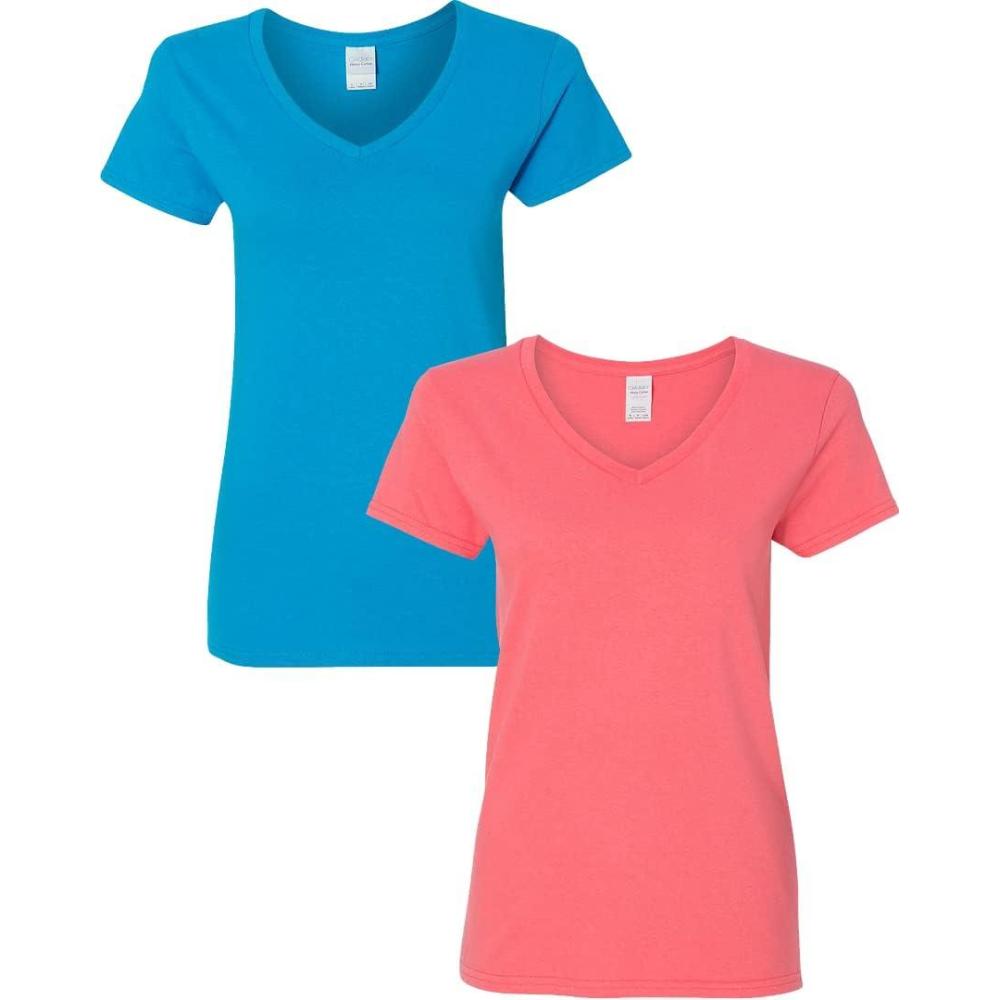 imageGildan Womens Heavy Cotton VNeck TShirt 2PackSapphireCoral Silk
