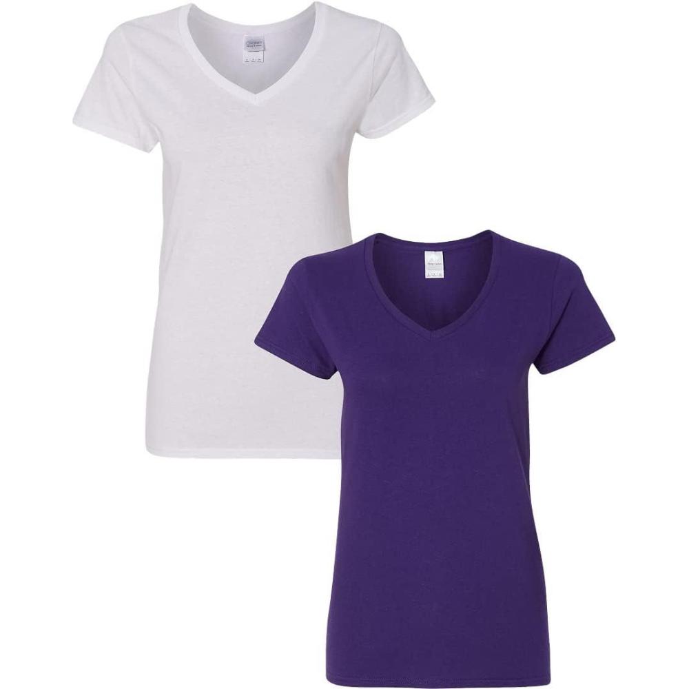 imageGildan Womens Heavy Cotton VNeck TShirt 2PackWhite  Purple