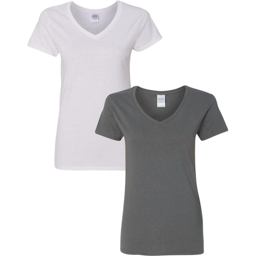 imageGildan Womens Heavy Cotton VNeck TShirt 2PackWhiteCharcoal