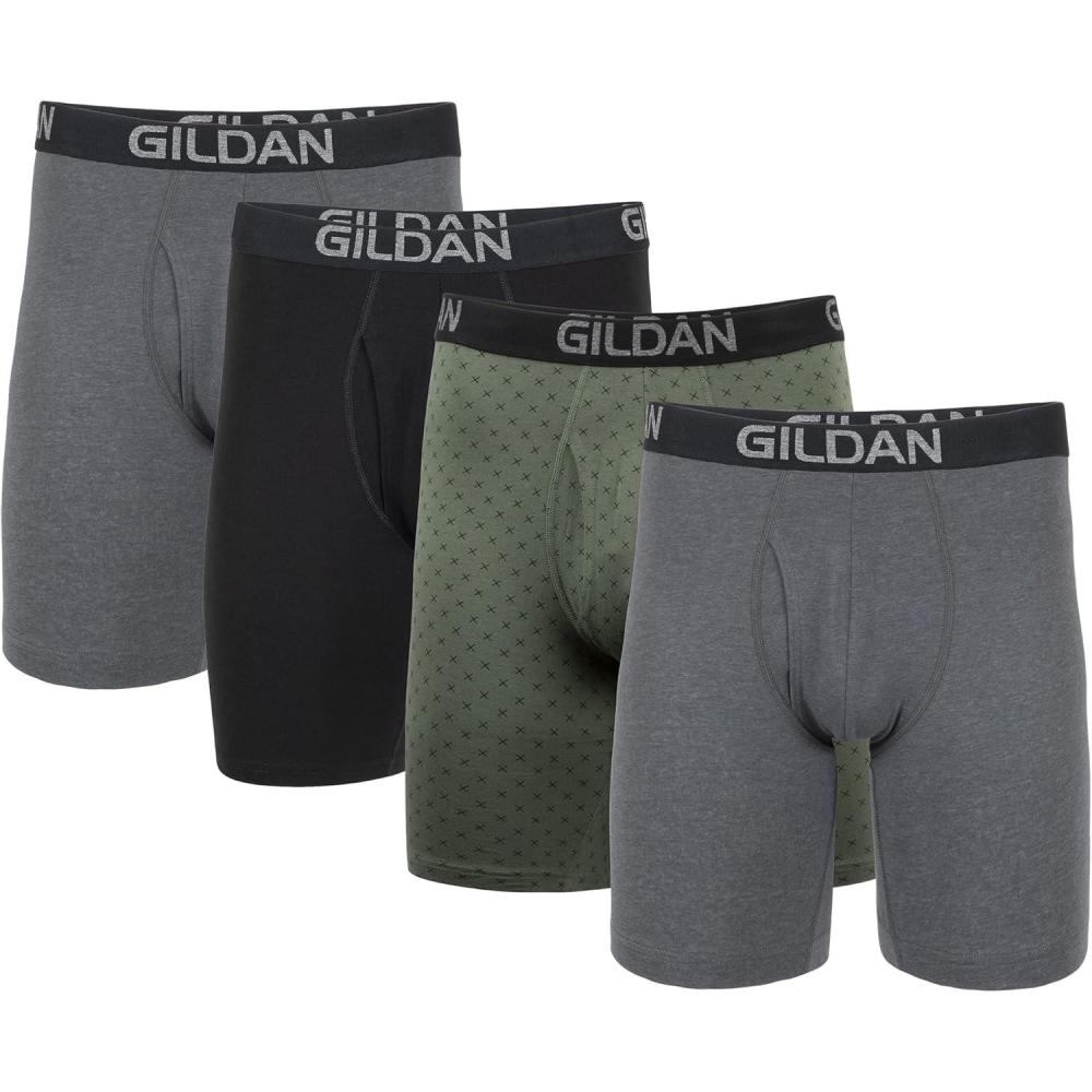 imageGildan mens Cotton Stretch Boxer Brief MultipackHeather Dark GreyGreen MidnightBlk 4pack Long Leg