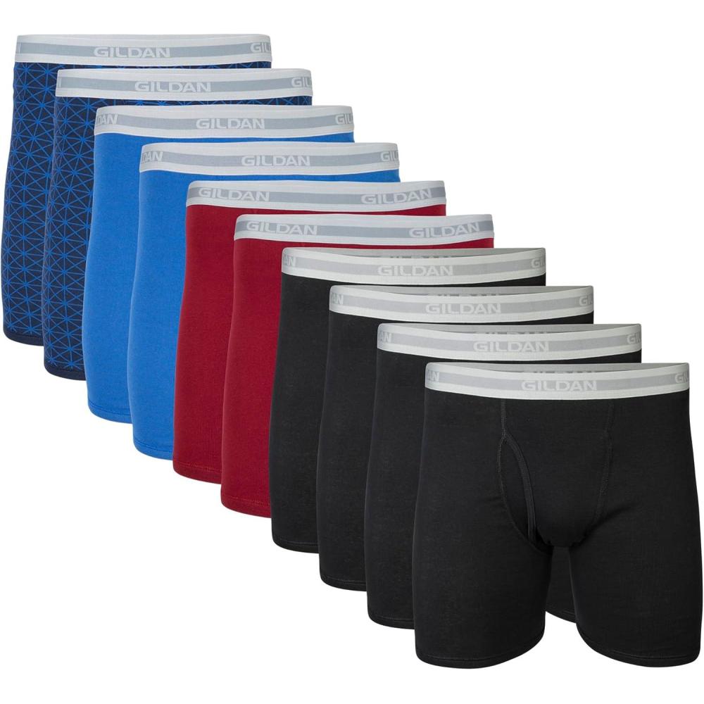 imageGildan mens Underwear Boxer Briefs MultipackBlackGarnetRoyalDiamond 10pack Classic Length