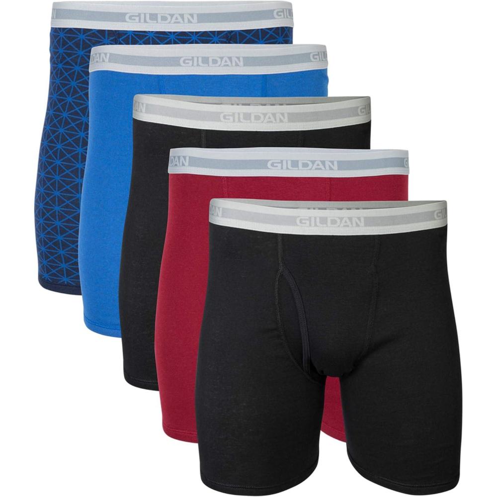 imageGildan mens Underwear Boxer Briefs MultipackBlackGarnetRoyalDiamond 5pack Classic Length