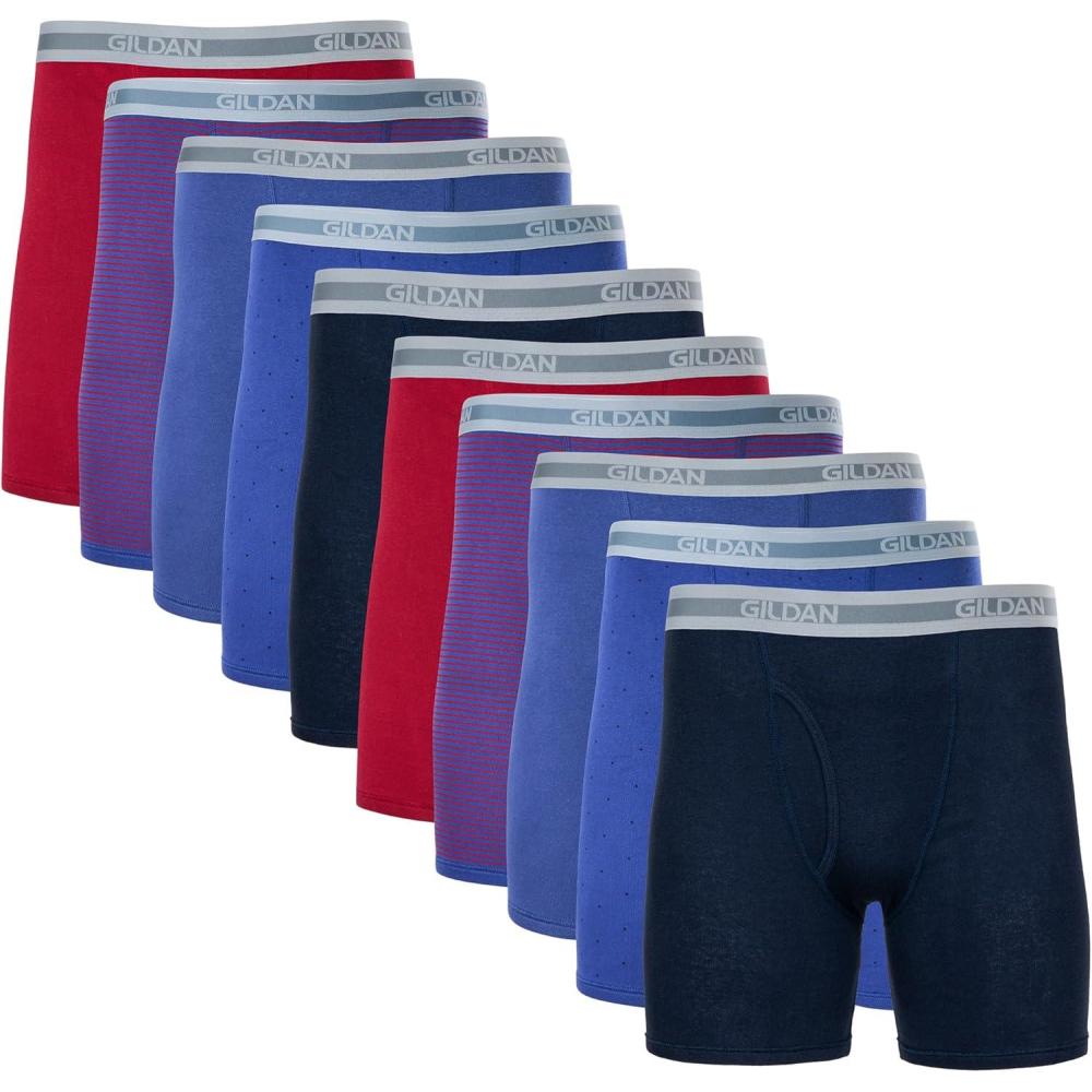 imageGildan mens Underwear Boxer Briefs MultipackCardinal RedStripeMetro BlueDotNavy 10pack Classic Length