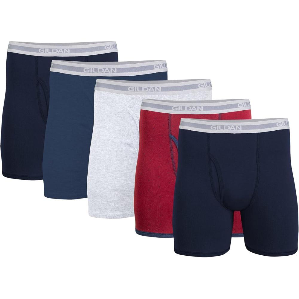 imageGildan mens Underwear Boxer Briefs MultipackNavyHeather NavySport GreyDotNavy 5pack Classic Length