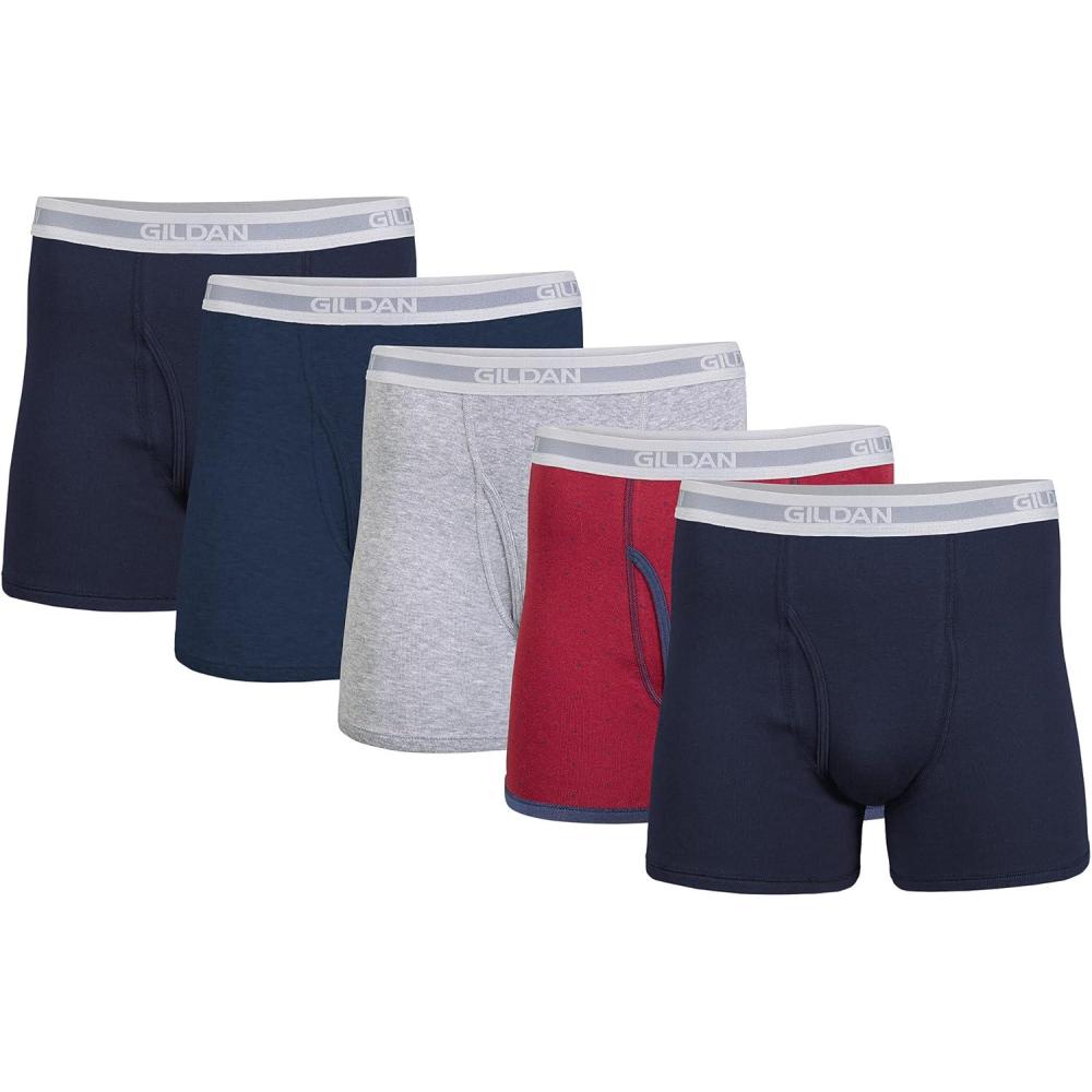 imageGildan mens Underwear Boxer Briefs MultipackNavyHeather NavySport GreyDotNavy 5pack  Shorter Length