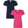 Gildan Women’s Heavy Cotton V-Neck T-Shirt, 2-Pack((1) Navy + (1) Heliconia)