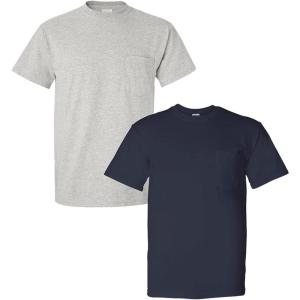 Gildan G830 5.6 oz Ultra Blend 50/50 Pocket T-Shirt – Navy – Small((1) Ash Grey + (1) Navy)