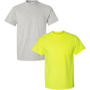 Gildan G830 5.6 oz Ultra Blend 50/50 Pocket T-Shirt – Navy – Small((1) Ash Grey + (1) Safety Green)