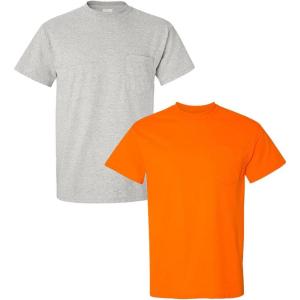 Gildan G830 5.6 oz Ultra Blend 50/50 Pocket T-Shirt – Navy – Small((1) Ash Grey + (1) Safety Orange)