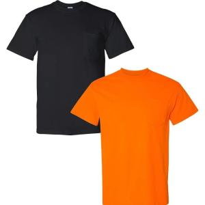 Gildan G830 5.6 oz Ultra Blend 50/50 Pocket T-Shirt – Navy – Small((1) Black + (1) Safety Orange)