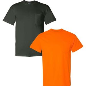 Gildan G830 5.6 oz Ultra Blend 50/50 Pocket T-Shirt – Navy – Small((1) Forest Green + (1) Safety Orange)