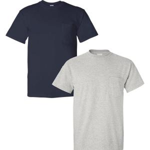 Gildan G830 5.6 oz Ultra Blend 50/50 Pocket T-Shirt – Navy – Small((1) Navy + (1) Ash Grey)
