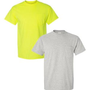 Gildan G830 5.6 oz Ultra Blend 50/50 Pocket T-Shirt – Navy – Small((1) Safety Green + (1) Ash Grey)