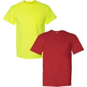 Gildan G830 5.6 oz Ultra Blend 50/50 Pocket T-Shirt – Navy – Small((1) Safety Green + (1) Red)