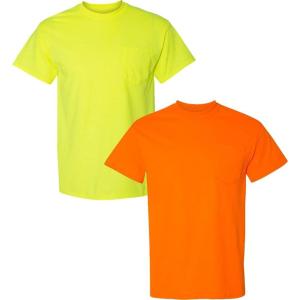 Gildan G830 5.6 oz Ultra Blend 50/50 Pocket T-Shirt – Navy – Small((1) Safety Green + (1) Safety Orange)
