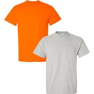 Gildan G830 5.6 oz Ultra Blend 50/50 Pocket T-Shirt – Navy – Small((1) Safety Orange + (1) Ash Grey)