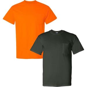 Gildan G830 5.6 oz Ultra Blend 50/50 Pocket T-Shirt – Navy – Small((1) Safety Orange + (1) Forest Green)