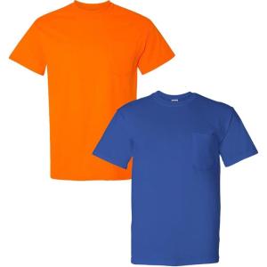 Gildan G830 5.6 oz Ultra Blend 50/50 Pocket T-Shirt – Navy – Small((1) Safety Orange + (1) Royal)