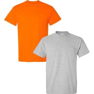 Gildan G830 5.6 oz Ultra Blend 50/50 Pocket T-Shirt – Navy – Small((1) Safety Orange + (1) Sport Grey)