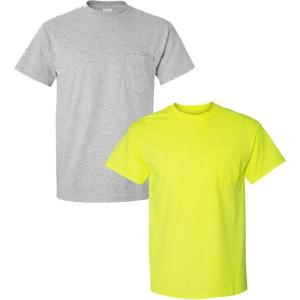 Gildan G830 5.6 oz Ultra Blend 50/50 Pocket T-Shirt – Navy – Small((1) Sport Grey + (1) Safety Green)