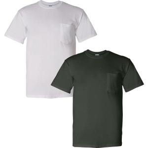 Gildan G830 5.6 oz Ultra Blend 50/50 Pocket T-Shirt – Navy – Small((1) White + (1) Forest Green)