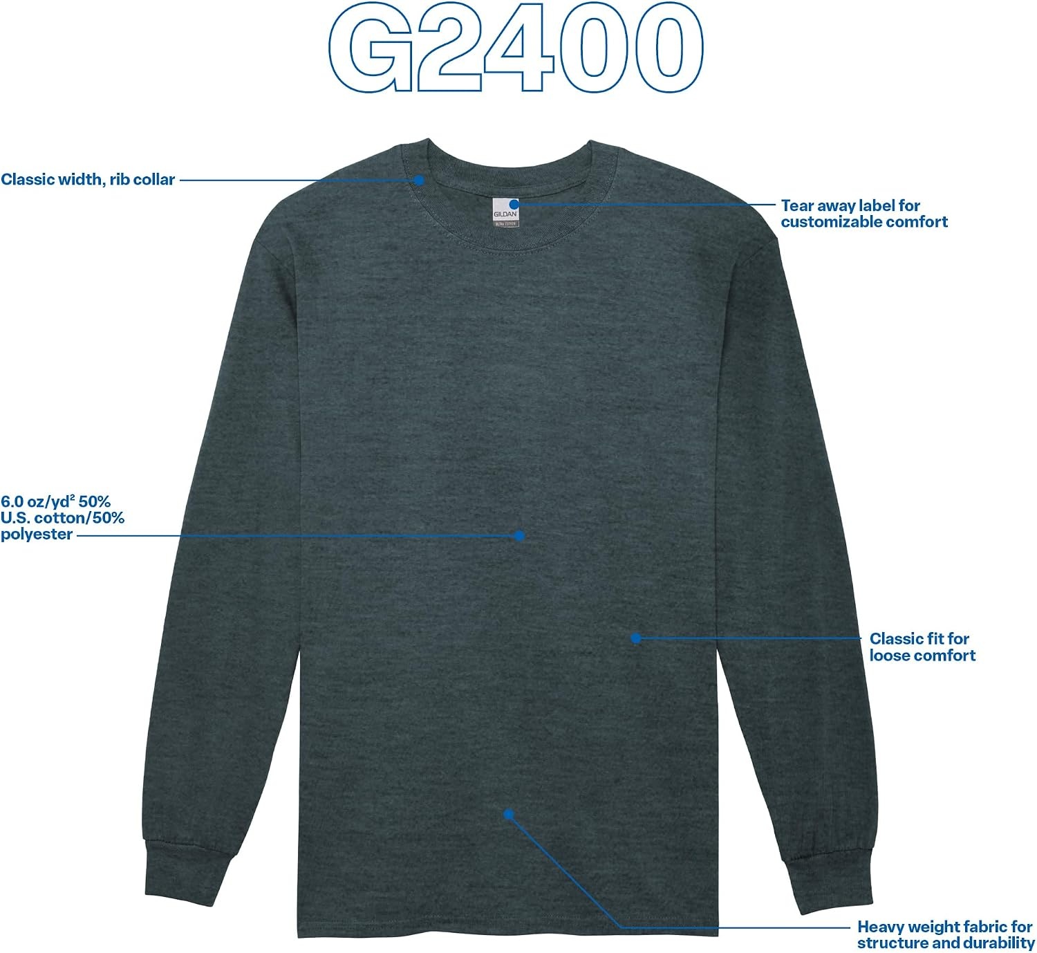 image:imageGildan Adult Ultra Cotton Long Sleeve TShirt Style G2400 MultipackDark Heather