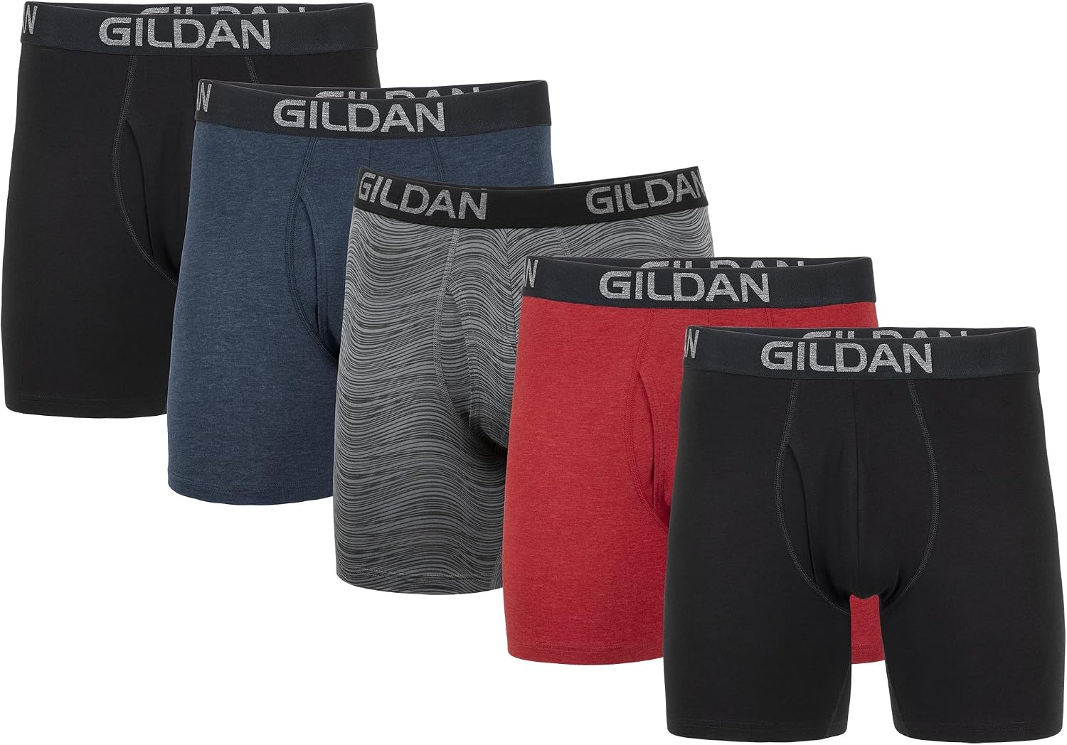image:imageGildan Mens Underwear Cotton Stretch Boxer Briefs MultipackBlkHeather NavyStripeHeather Red
